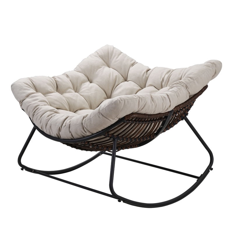 Oversized Papasan Outdoor Armless Rocking Chair, Indoor Recliner Lounge Chair with Cushion