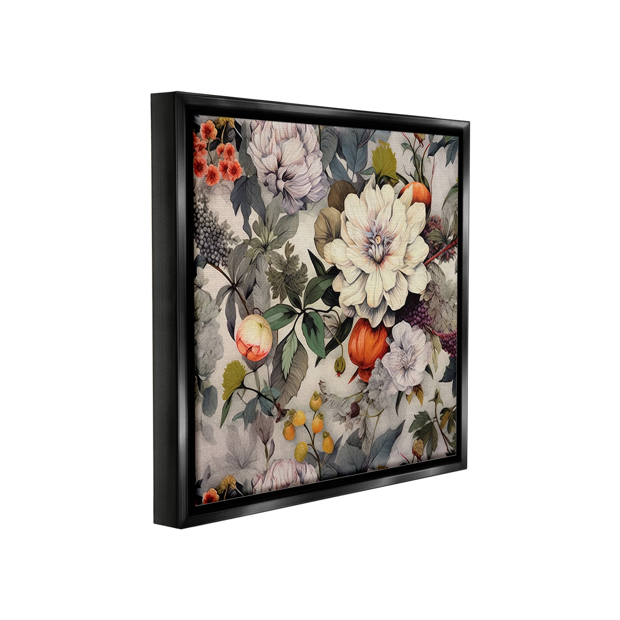 Stupell Industries Vintage Blooms & Fruit Botanical & Floral Painting Black Floater Framed Canvas Art Print Wall Art, 25 x 25