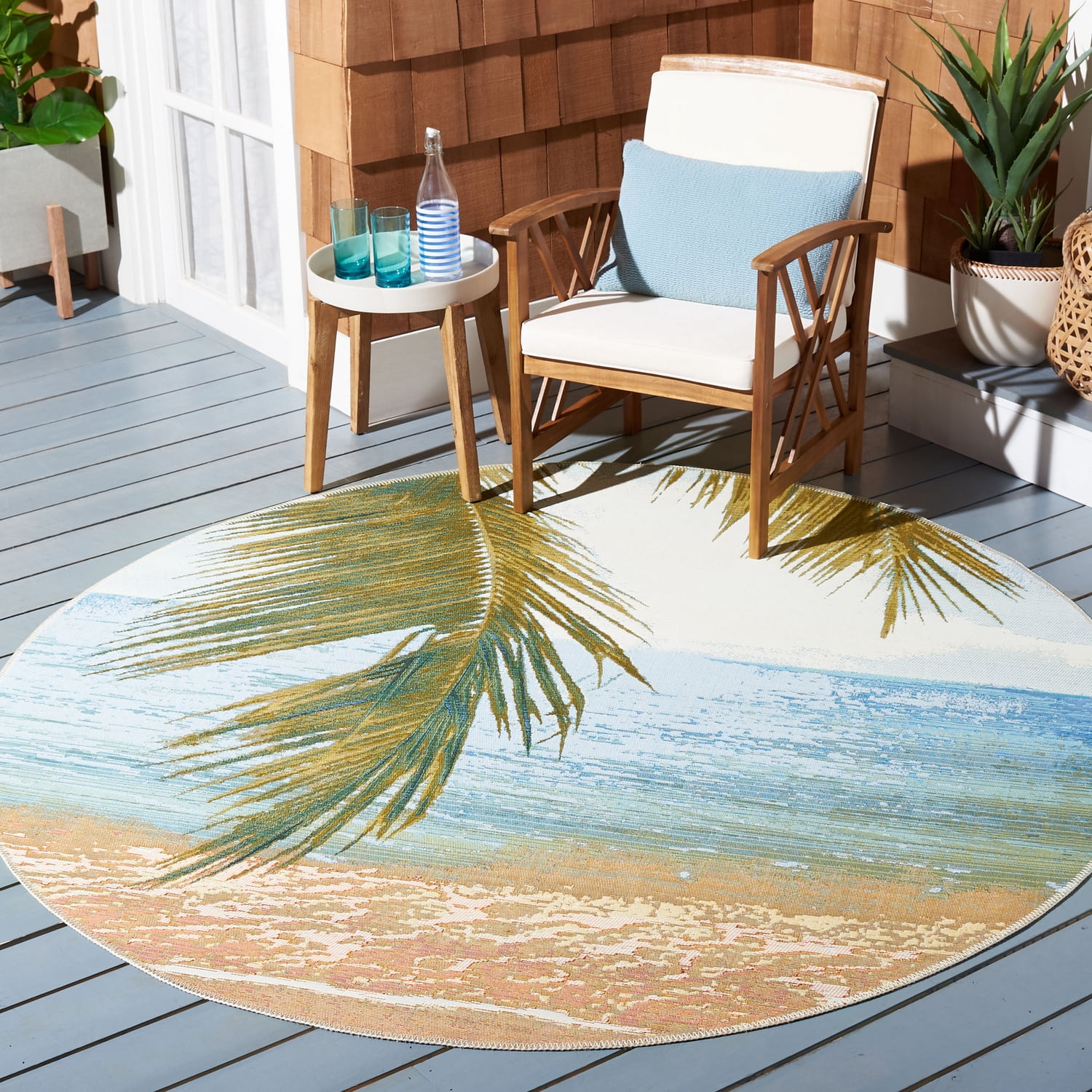 SAFAVIEH Barbados Palm Leaves Outdoor Area Rug, Gold/Blue, 5'3" x 5'3" Round