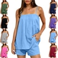 thumbnail image 2 of MLCDZ Linen Sets for Women 2 Piece Summer Spaghetti Strap square Neck Sleeveless Top Wide Leg Shorts Set Beach Vacation Travel Outfits with Pockets, 2 of 8