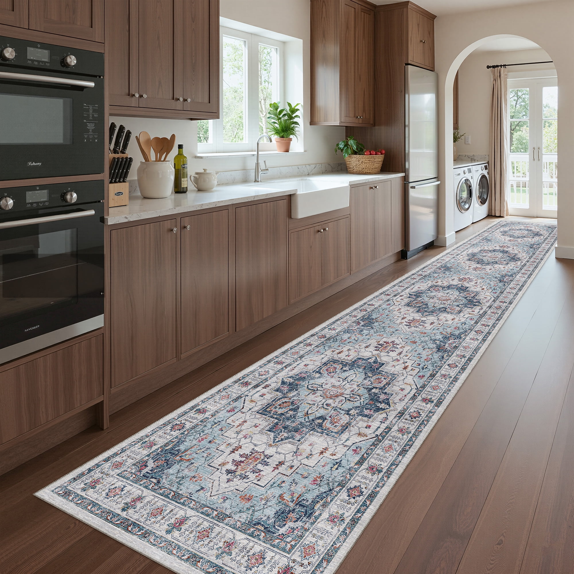 Roxstand 2'x10' Washable Runner Rug for Hallway Entrance Bedroom Entryway, Vintage Non Slip Stain Resistant Kitchen Rugs, Blue