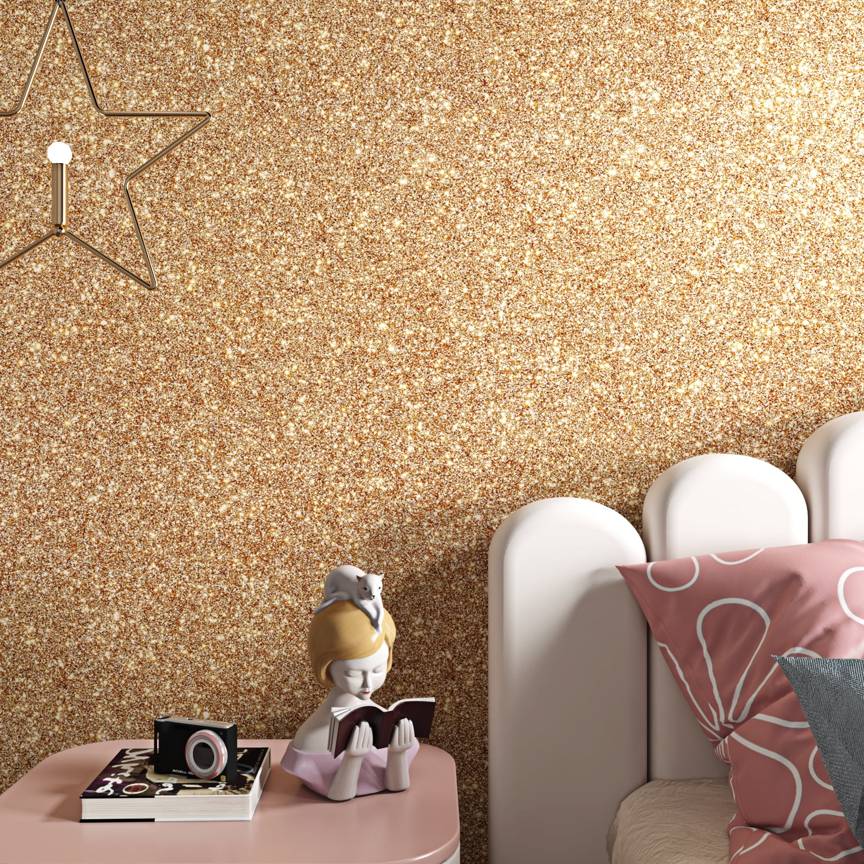 FunStick Champagne Gold Glitter Wallpaper Peel and Stick Sparkle Gold Glitter Contact Paper for Cabinets Bedroom Crafts Drawer Shelf