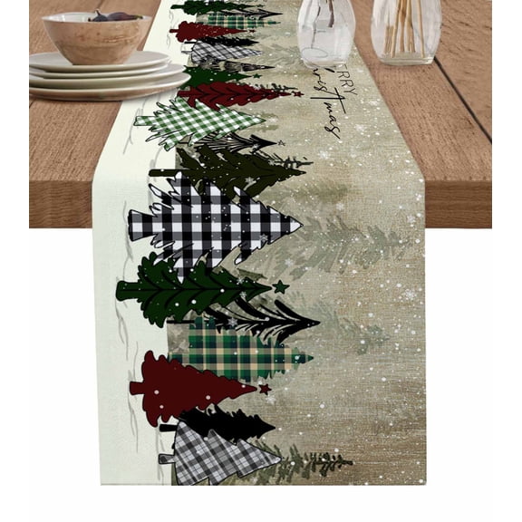 Ldtrchee Vintage Christmas Tree Table Runner 90 Inches, Plaid Xmas Tree Snowflake Bed Runner Dresser Scarves Tabletop for Indoor Outdoor Parties/Ceremony/Banquet, 13" x 90"