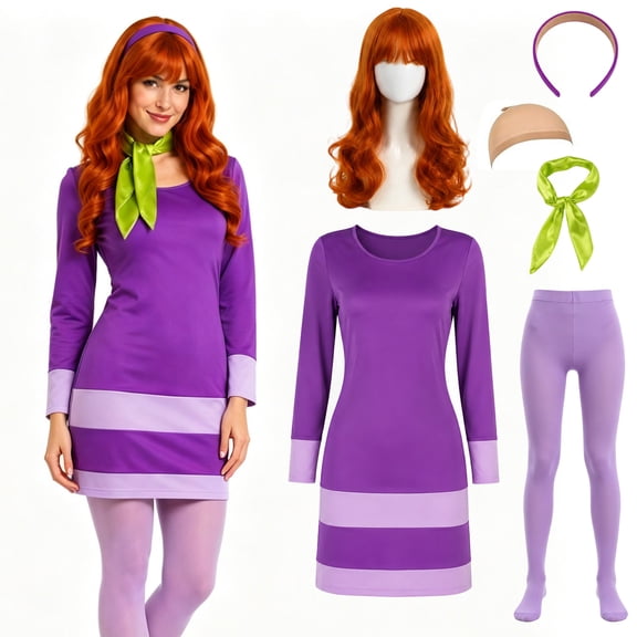 IROOZIGOTO Womens Purple Striped Mini Dress Halloween Costume Set with Wig Scarf Headband Tights for Cosplay Party