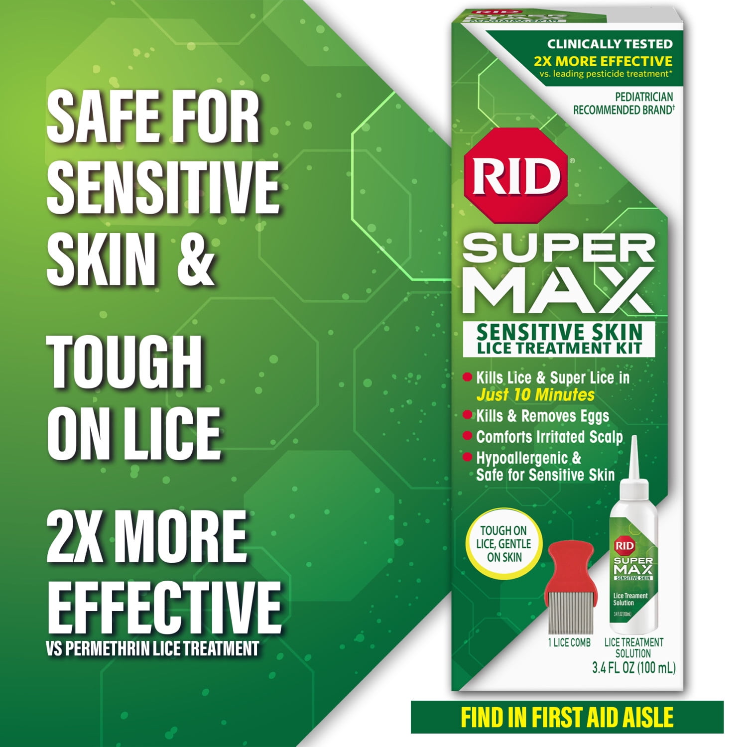 RID Super Max Sensitive Skin Lice Elimination Treatment Kit, Includes Nit Comb & Instructions, 3.4 fl oz