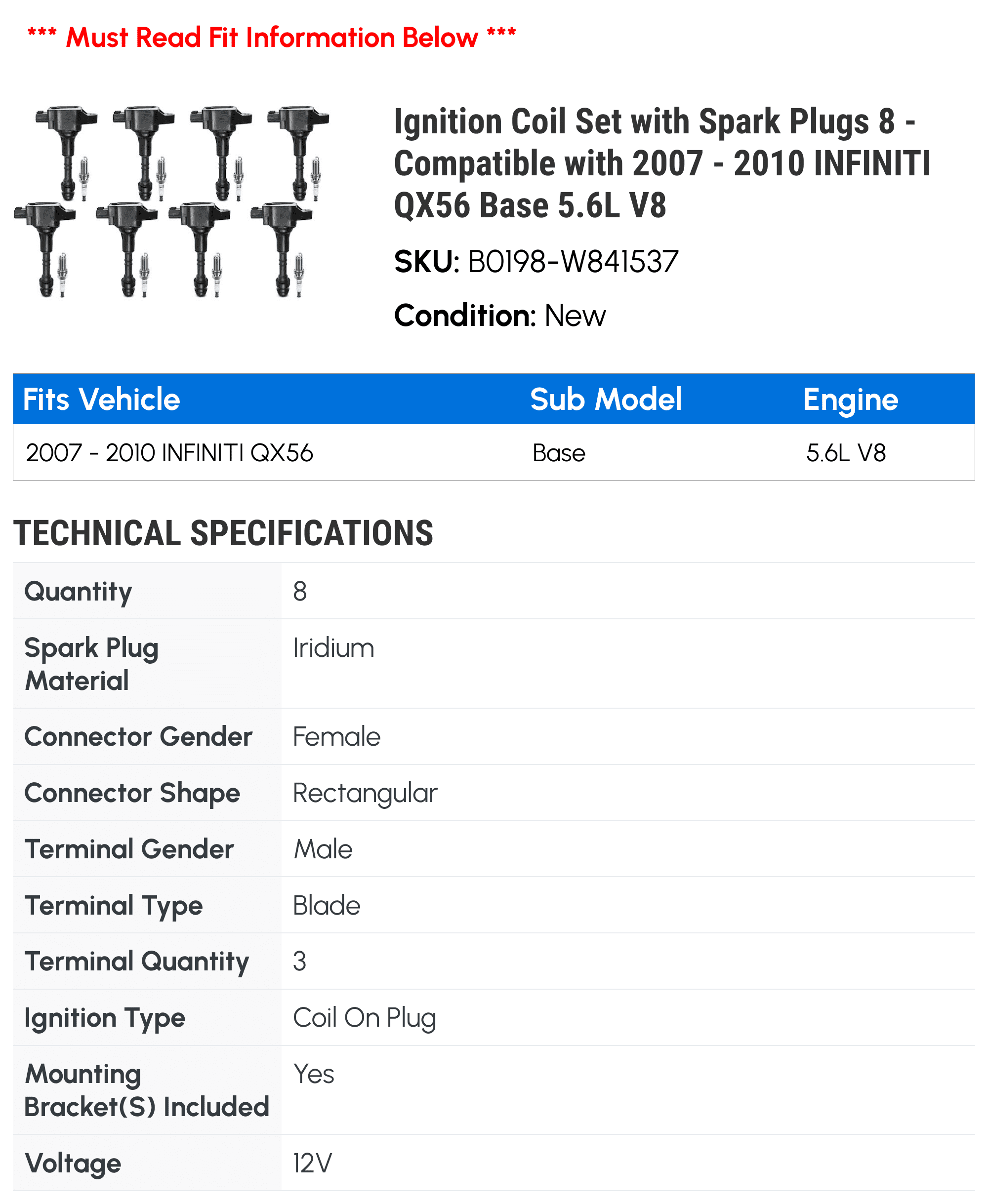 Ignition Coil Set with Spark Plugs 8 - Compatible with 2007 - 2010 INFINITI QX56 Base 5.6L V8 - Autopart Premium