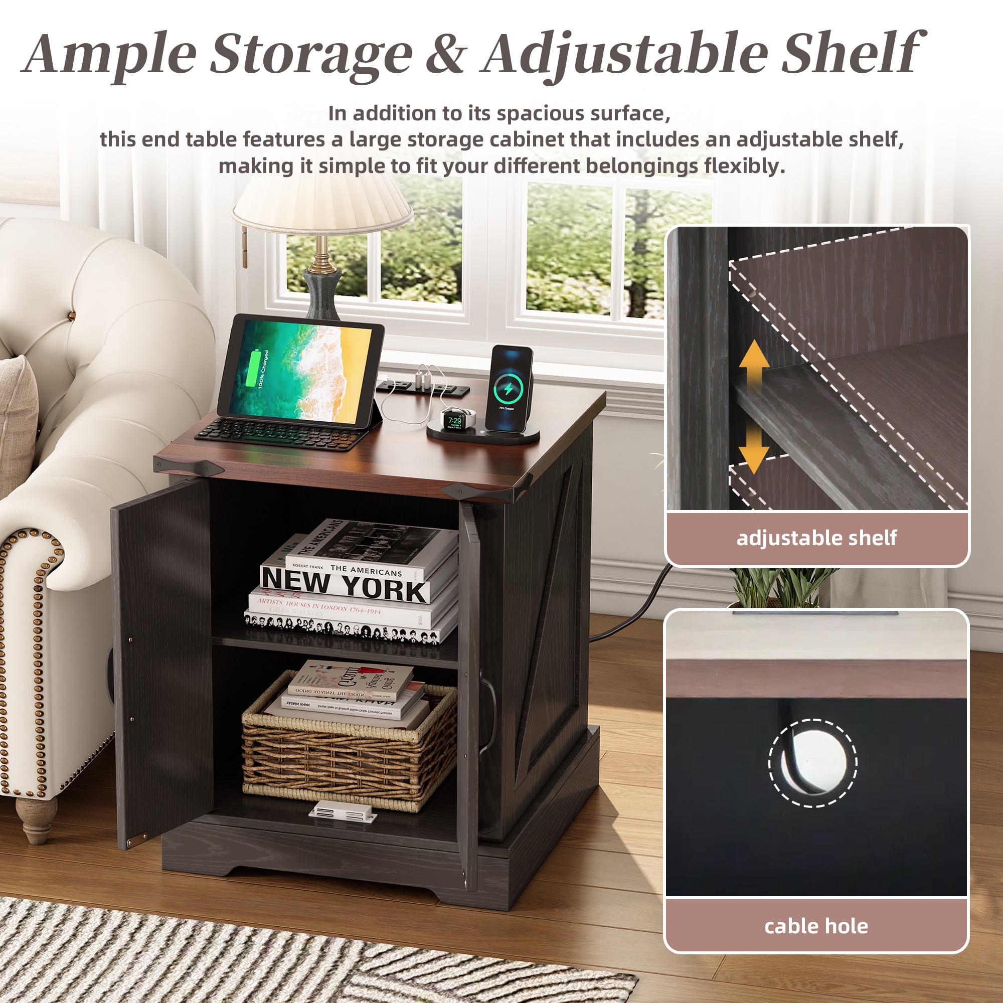 Aukfa Farmhouse End Table with Charging Statio,Rustic Barn Door Nightstand Side Table with Storage Cabinet,Gray