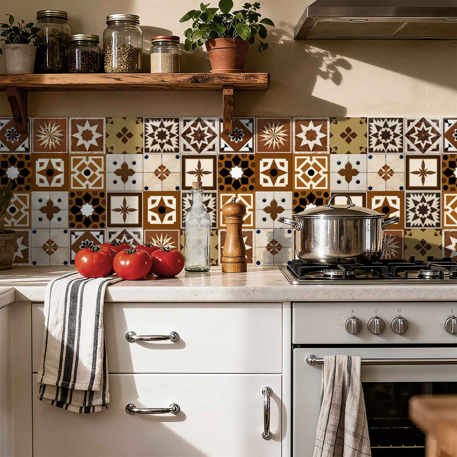 24PCS Mediterranean Style Peel and Stick Wall Tile Decals - 6"x6" Vintage Waterproof Vinyl Moroccan Bohemian Stickers for Kitchen Backsplash, Bathroom, Stair Riser Decor