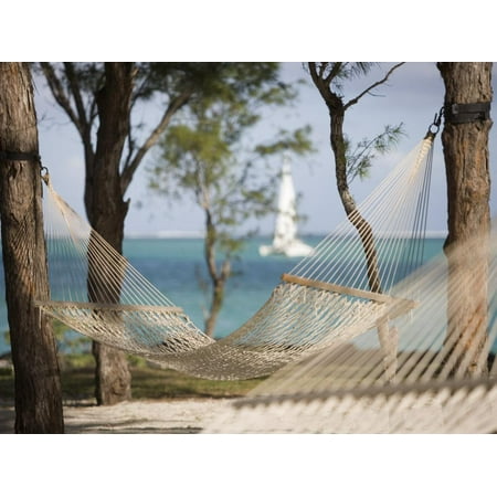 Beach Hammock with Catamaran in Background, Private Island of Le Tuessrok Resort Print Wall Art By Holger