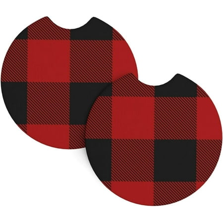 

2 Pack Car Coasters Lumberjack-Red-Plaid Neoprene Cup Holder Pad Set Round Auto Cup Holder Insert Drink Coaster