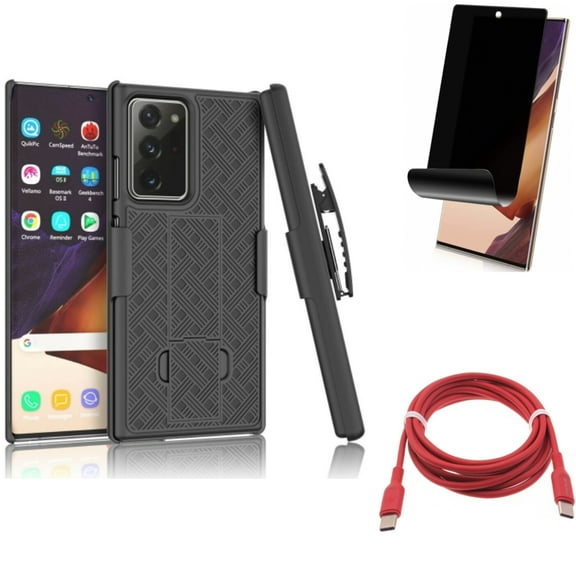 Privacy Screen Protector & Red 6ft Long Cable & Case Belt Clip for Samsung Galaxy Note 20 Ultra (6.9") - Combo with TPU Film Anti-Peep & USB-C to Type-C PD Fast Charger & Holster Swivel