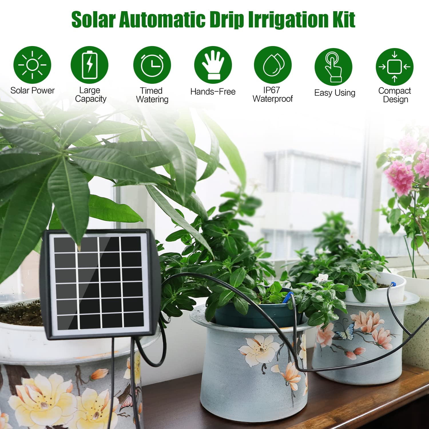 Solar Automatic Drip Irrigation Kit System Solar Powered Auto Easy DIY Watering Device Supported Pots Plants 6 Timing Modes