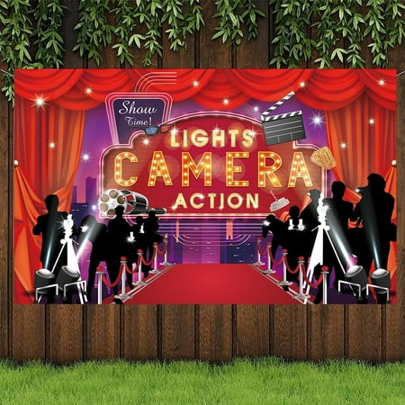 Lights Camera Action Backdrop with, Movie Party Night Banner Sign, Lights Camera Action Banner Background Photography for Movie Theme Birthday Hollywood Oscar Party Decorations