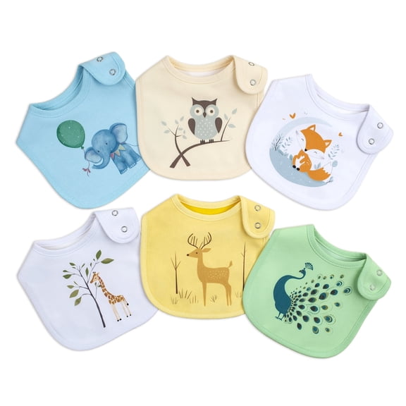 6 Pack Animal Print Baby Bibs, 100% Soft Cotton Front & Back, Waterproof Absorbent Liner Reusable Feeding Bibs, Adjustable Snap Unisex Drool Bibs for Newborn Infant Boys Girls