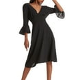 thumbnail image 4 of VEKDONE Women's Deep V Neck Dress 3/4 Ruffle Sleeve Midi Dress Solid Color Loose Fit Tunic Casual Dresses Knee Length Vacation Beach Dress Black XXL, 4 of 8