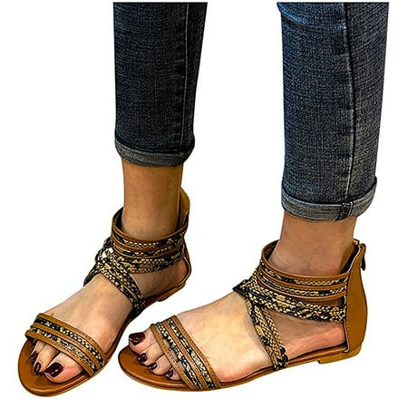 

XIAOFFENN Sandal For Women Dressy Comfortable Sandal For Women Dressy Comfortable Flat Korean Bohemian Round Toe Shoe With Roman Zipper Sandal For Women Summer