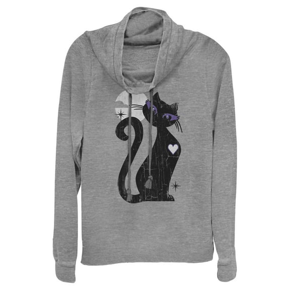 Junior's Lost Gods Halloween Full Moon Black Cat Heart Cowl Neck Sweatshirt Gray Heather 3X Large