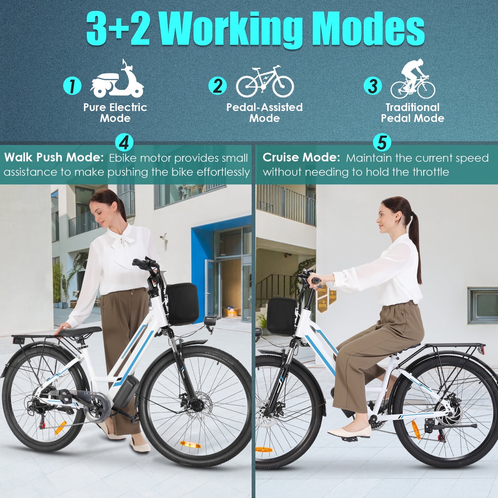 Elifine 500W Electric Bike for Adults, 26" Commuter Electric Bicycle 19.8mph City Ebike with 5 Riding Modes, 48V 7.8Ah Removable Battery UL 2849, LCD Intelligent Display Hybrid Electric Bike White