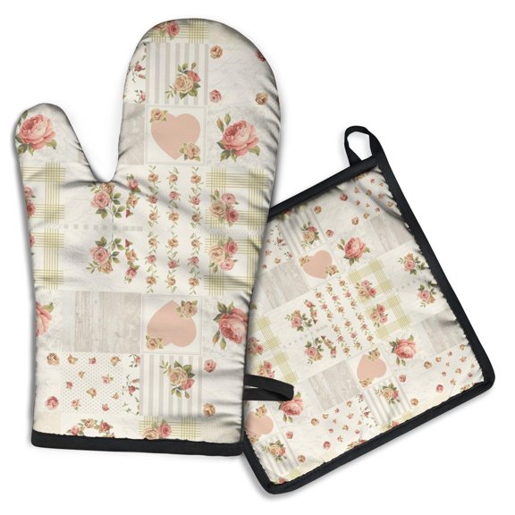 Pioneer Flower Floral Print Pattern Kitchen Oven Mitt and Pot Holder Sets 2 Pcs for Baking, Cooking and Grilling, Heat Resistant Up To 392 °F