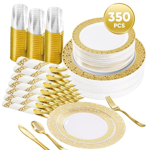 Daluvenix 350 Pcs Gold Dinnerware Set, Gold Plastic Plates with Gold Lace Rim Design, Gold Disposable Dinnerware Set for Wedding, Party and Graduation