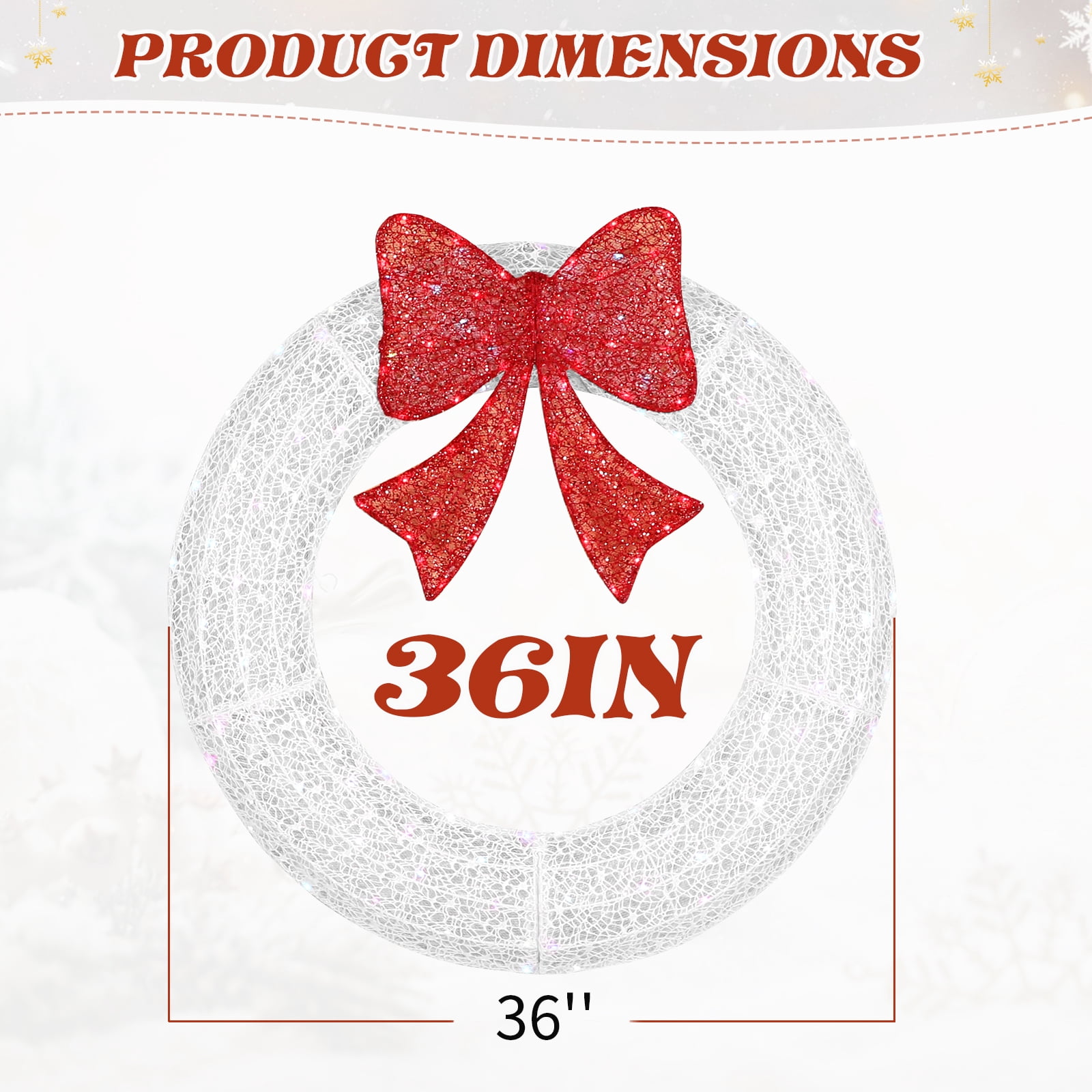 36in Pre-lit Outdoor Christmas Wreath Decoration, Lighted Metal Wreath with Red Bow, Remote Control LED Lights with Timer, for Front Door Gate Wall Indoor Outdoor Holiday Party, White