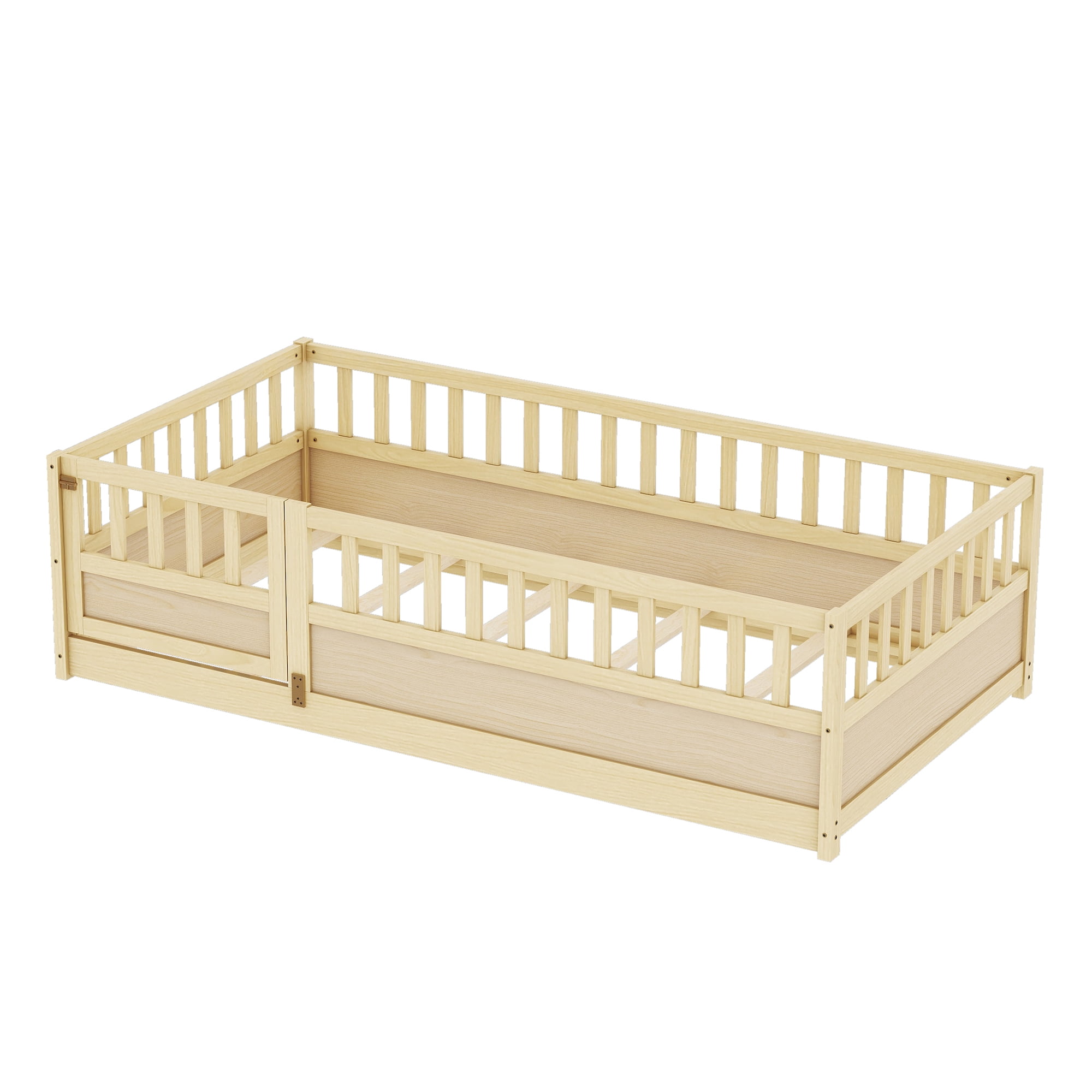 Solid Pine Twin Montessori Floor Bed with Ultra-High Integrated Safety Fence & Clockwise Opening Access Door, Patented Kids Platform Bed with Support Slats Single Package Easy Assembly