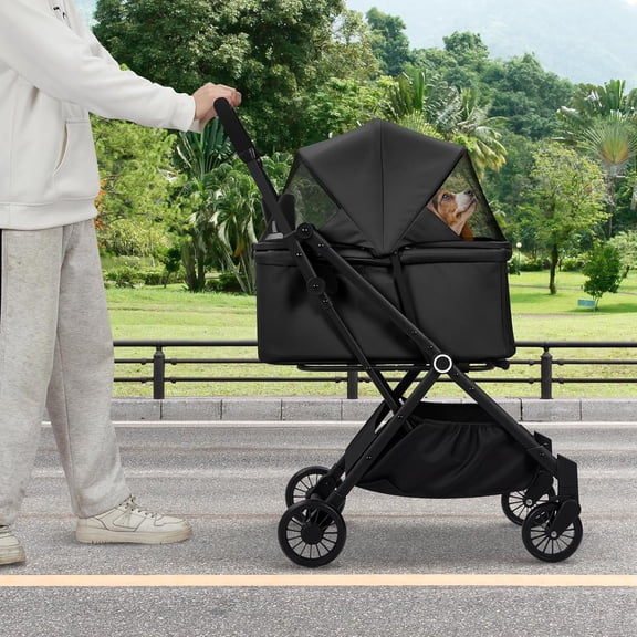 4-Wheel Pet Stroller for Cats & Dogs Up to 50Lbs - Lightweight Foldable Dog Stroller with 360° Swivel Wheels, Weatherproof Cabin & Storage Basket