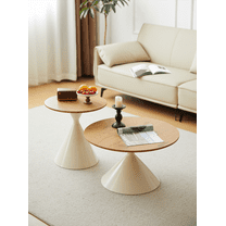ROUND WHITE AND WOOD COFFEE TABLE WITH DETAILED DIMENSIONS