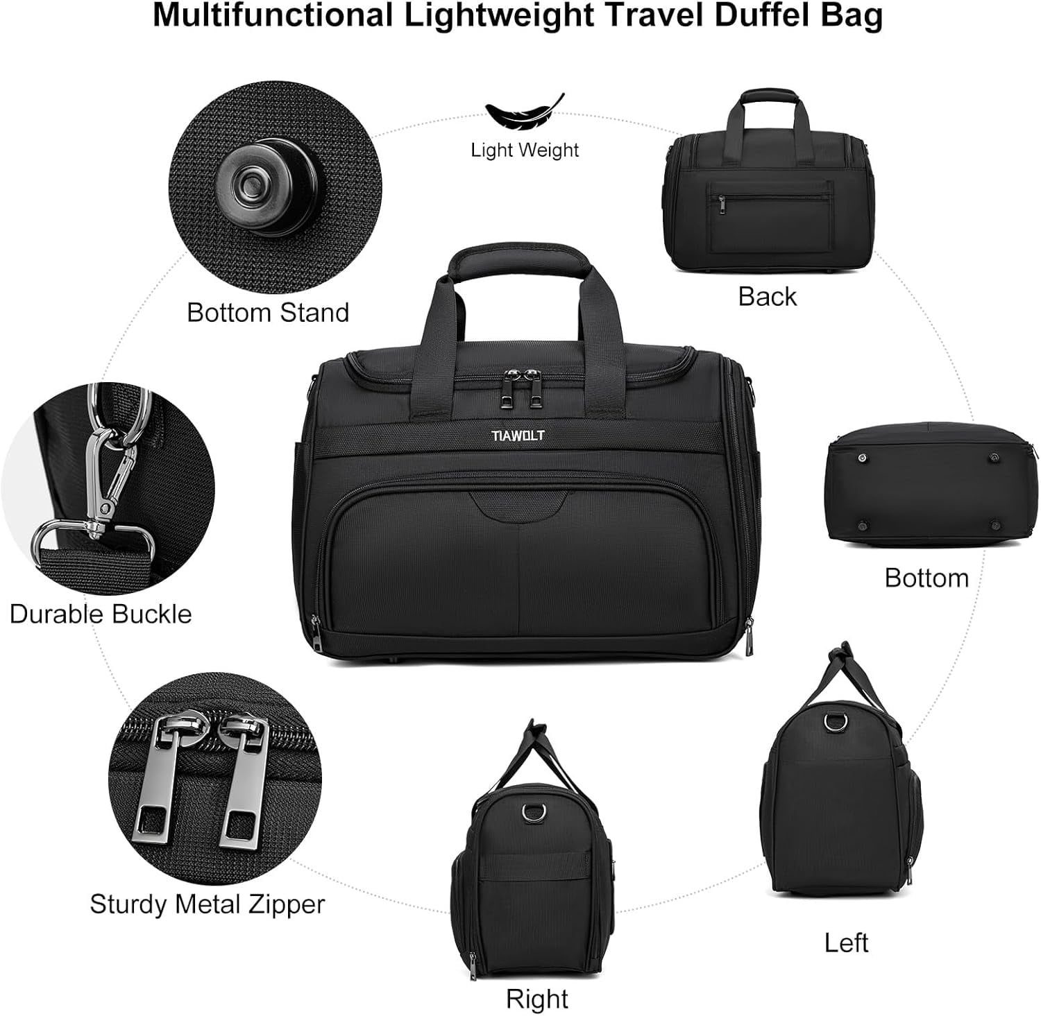TIAWOLT Underseat Carry On Luggage Lightweight Travel Tote Weekender Bag Overnight Duffle for Trip, Travel Essentials Personal Item Travel Bag for Women and Men,Black