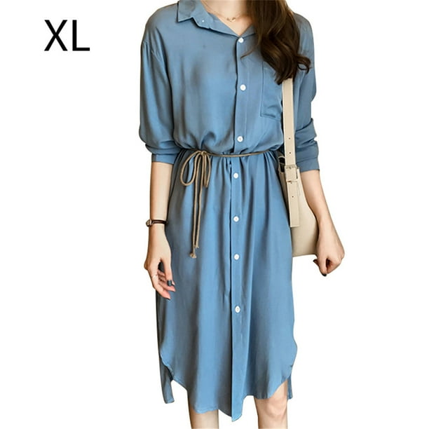 Vestido camisero Vestido midi de gasa transpirable con bolsillo informal de manga larga, Azul, XL Inevent AP001472-09B