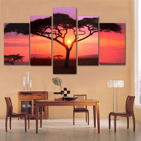 - M.Way 5Pcs Frameless Canvas Prints Pictures Sunset Tree Modern Unframed Painting Home Decor Wall Art Sticker (Larger than 36*35.5inch)