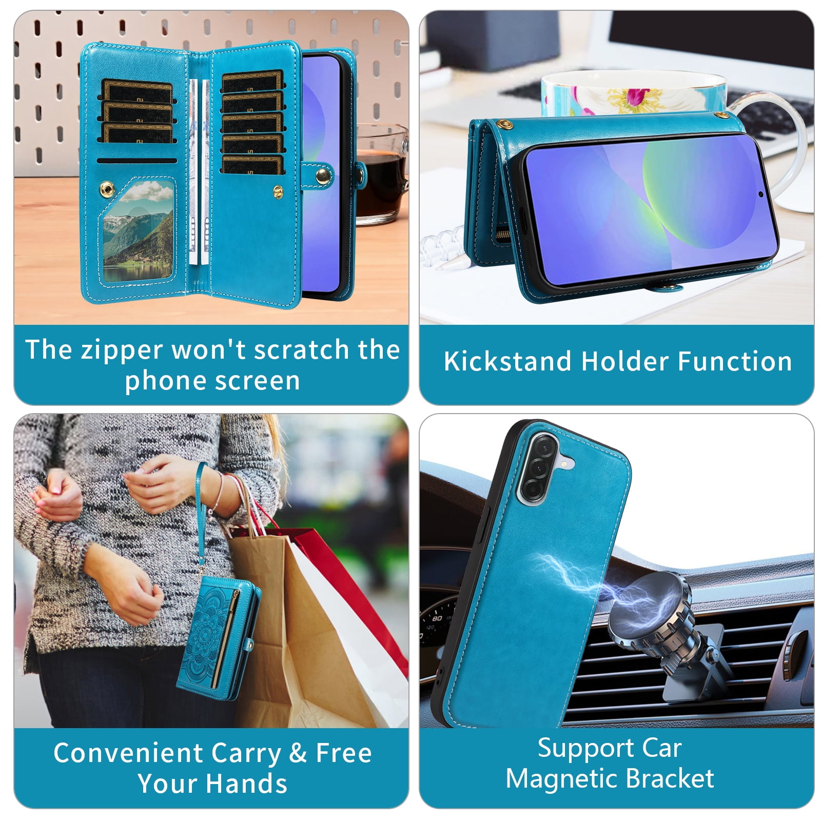 Asuwish Phone Case for Samsung Galaxy A36 5G Zipper Wallet Detachable Cell Cover with Tempered Glass Screen Protector Crossbody Lanyard Strap Flower Flip Card Holder A 36 36A LTE SM-A366U Women Blue