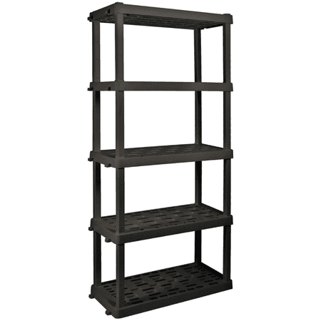 Oskar 5-Tier Plastic Shelving Unit, Heavy-Duty Black Storage Shelves with Interlocking Design, Ideal for Garage, Shed, and Home Organization