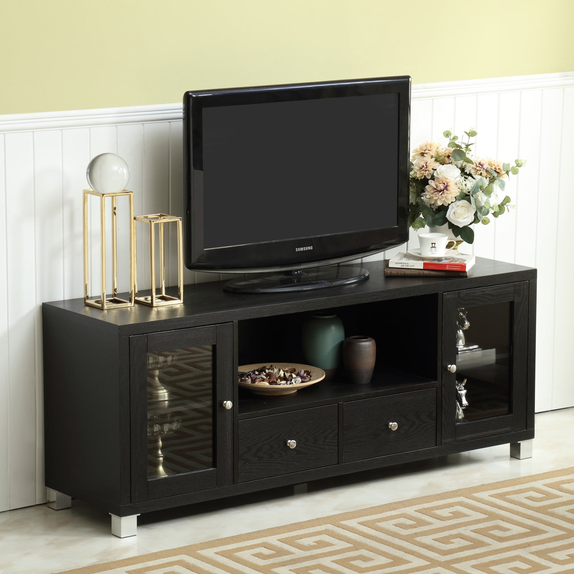 Resenkos 2 Doors and 2 Drawers TV Console for up to 58 inches Television, 55" Entertainment Center Storage Stand with Open Shelf in Black Resenkos 2 Doors and 2 Drawers TV Console for up to 58 inches Television, 55" Entertainment Center Storage Stand with Open Shelf in Black