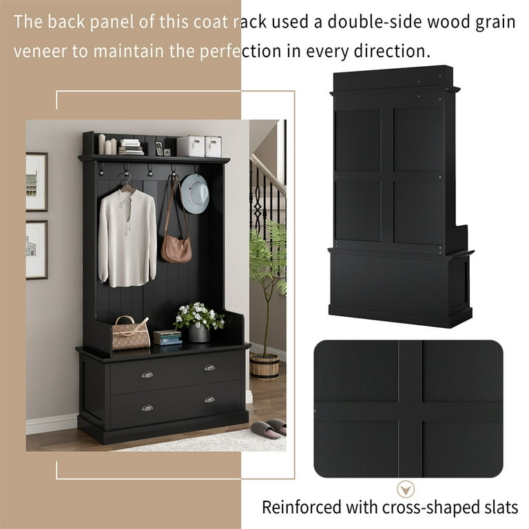 75" Hall Tree with Storage Bench and 2 Large Drawers, 3-in-1 