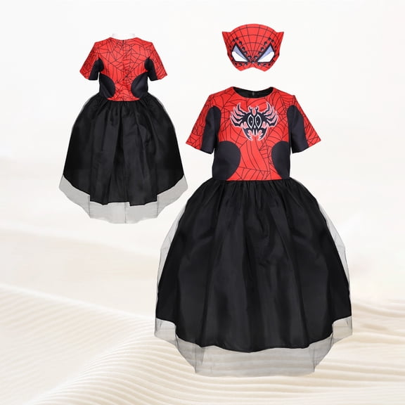 HTQWLP 3PCS Girls Halloween Superhero Costumes, Pop Role Playing Fancy Dress Costumes, Halloween Stage Performance Outfit-Skirt Mask Glasses Suit, Birthday Party Dress up Costumes for Girls, Red/130