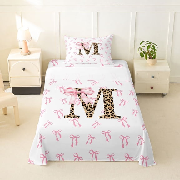 Erosebridal Initial Alphabet M Twin Sheet Sets,Princess Bowknot Wild Cheetah Pattern Bedding For Bowtie Girls 3pcs