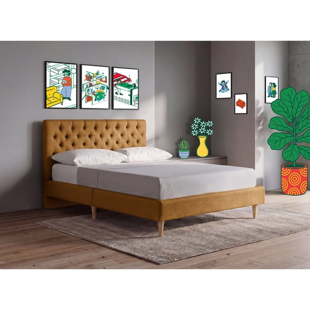 Cama Matrimonial Makora Velaria Mostaza Tapizada en Tela Tipo Velvet (No Incluye Colchón)