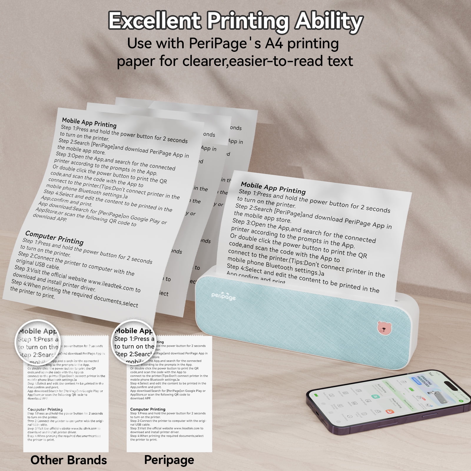 Peripage A40 Thermal Portable Wireless Inkless Bluetooth Mobile Travel Photo Printers, Blue