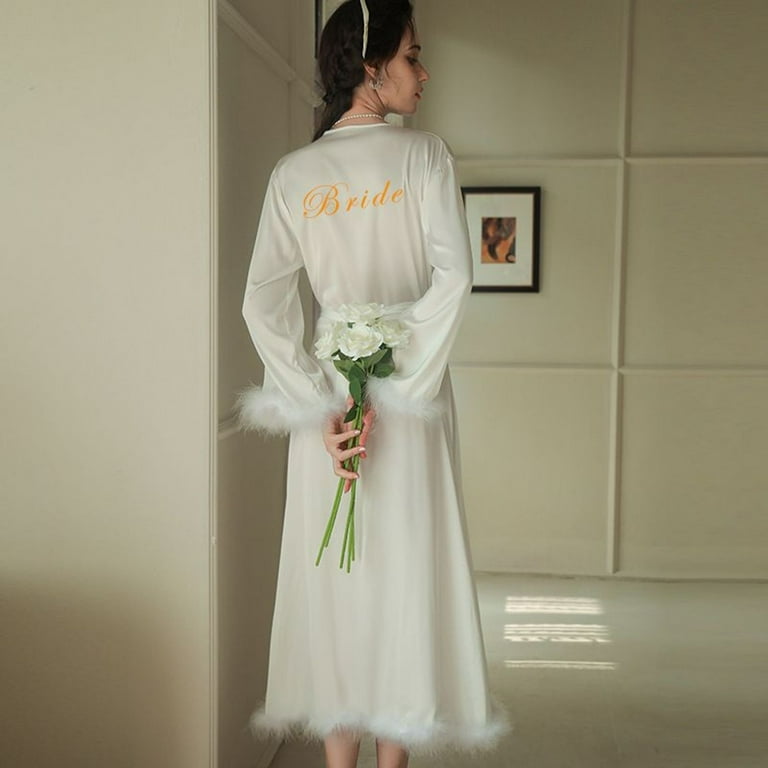 Defitshape Women's Long Robe Satin Luxury Faux Fur Trim Bridal Robes Silk  Bathrobe Summer Long Sleeve Bridesmaid Sleepwear Bride White X-Small -  Walmart.com