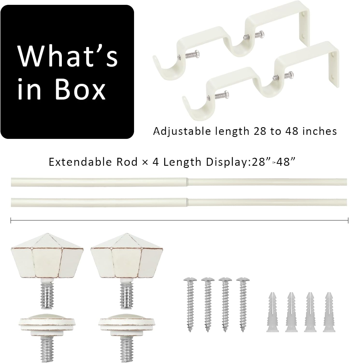 eTeckram 5/8" Double Curtain Rod with Chiodo Finials,Weathered White,28‘’-48‘’