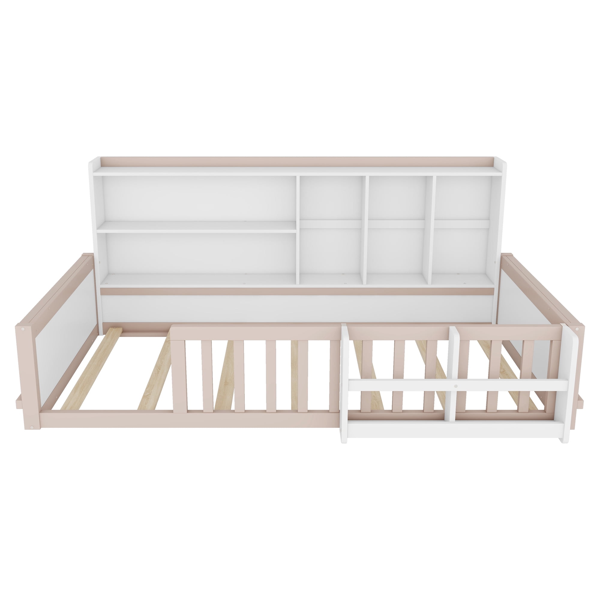 Mintazer Twin Size Montessori Floor Bed with Bookshelf & Guardrails, Kids Platform Bed Frame with Storage Cubbies for Bedroom, White & Natural