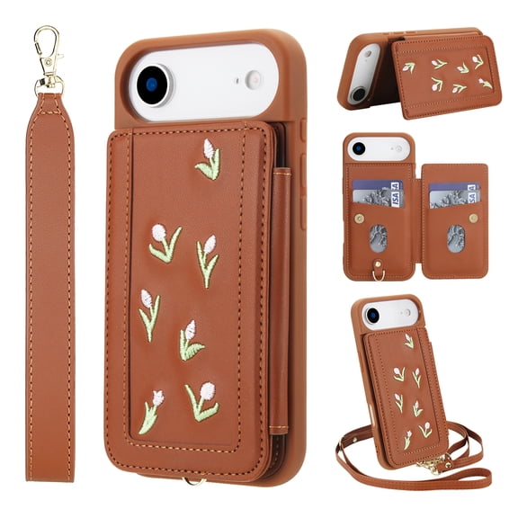 Dteck Wallet Case for iPhone Air,Magnetic Leather Card Slots Wallet Case Shockproof Rubber Kickstand Back Cover with Detachable Shoulder Strap/Wrist Strap,Brown