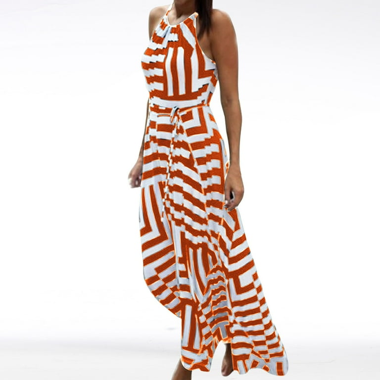 Flowy Halter Dresses for Women Striped Sundress Summer Sleeveless Ruffle A  Line Beach Vacation Maxi Dress - Walmart.com