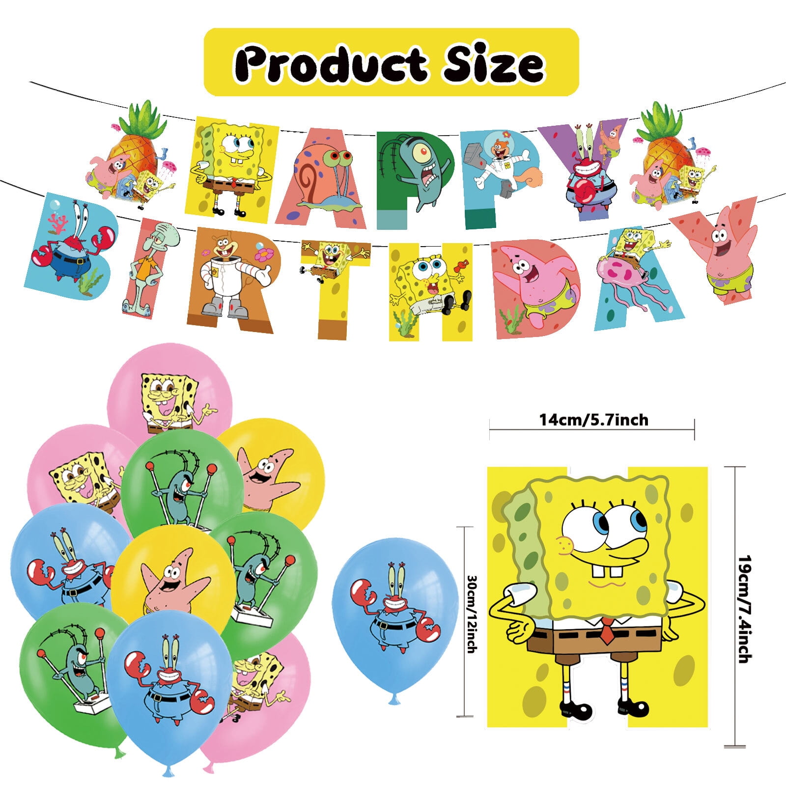 34 PCS For Spongebob Cartoon Theme Party Decorations Set,With 1 Happy Birthday Banner,20 Balloons,13 Cupcake Toppers Balloons,for Boy Girls Party Supplies Set