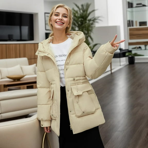 Women Winter Mid Length Fashionable Drawstring Waist Warm Solid Color Hooded Jacket Womens Long down Winter Coat Thick down Jacket Women Jacket Orally Coat down Padded Coat for Women Womens Long