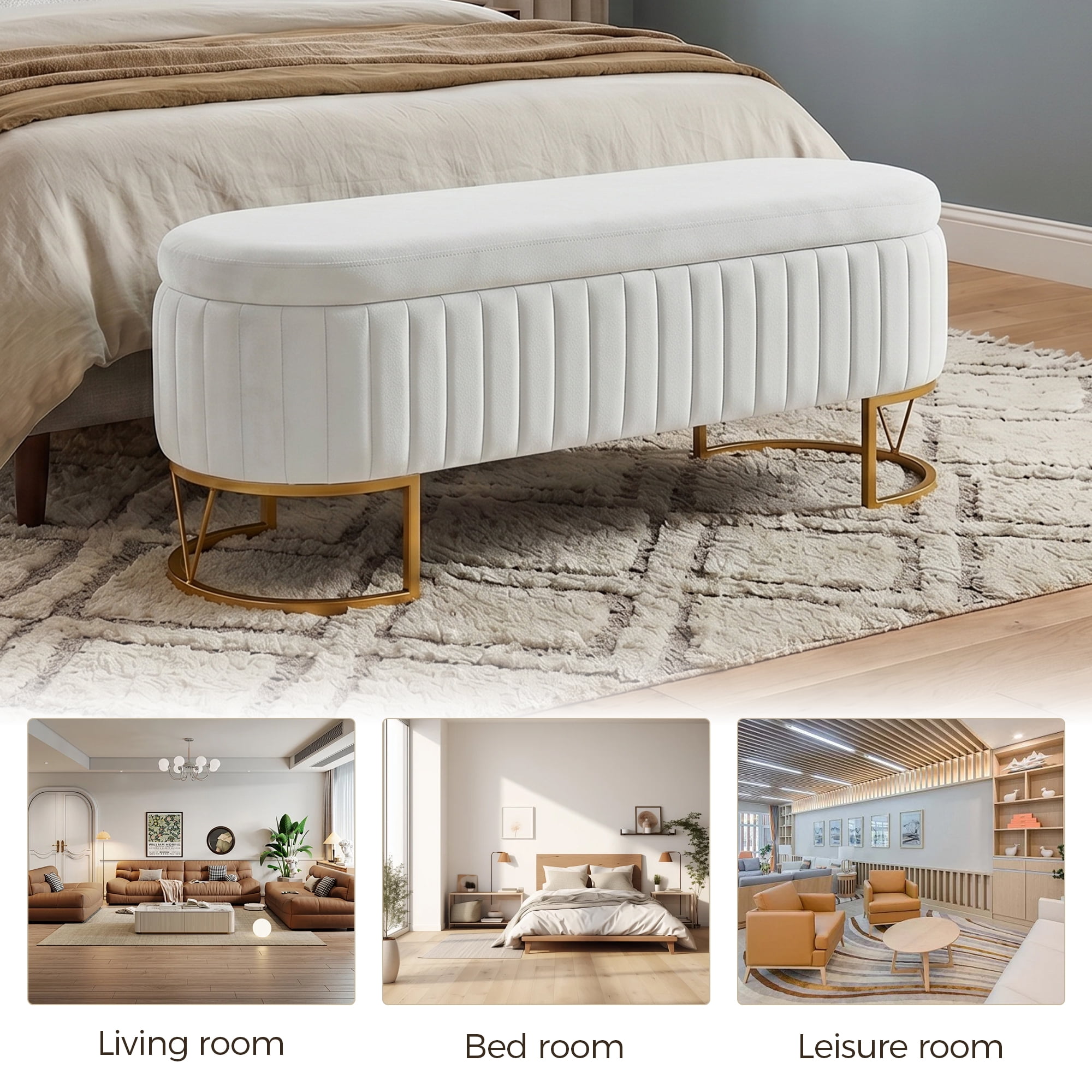 Storage Bench Bedroom Bench, Velvet Oval Upholstered End of Bed Bench with Golden Metal Legs, Modern Storage Ottoman Bench for Bedroom, Living Room, Entryway,Window,Ivory