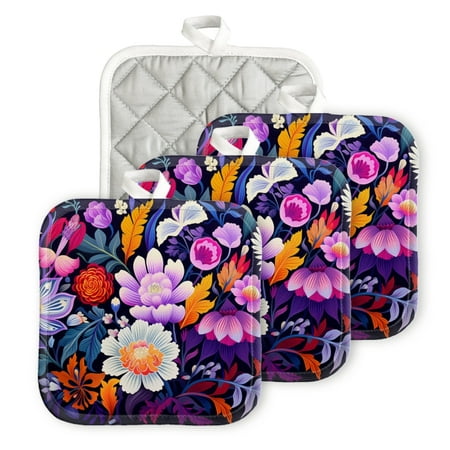 

BaHomeck Pot Holders 4pcs dacron Made Square heat-resisting mat Machine Washable for Kitchen Oven Hot Pads 6.7inch*6.7inch Colorful Illustration Of Array Of Large Flowers And Leaves
