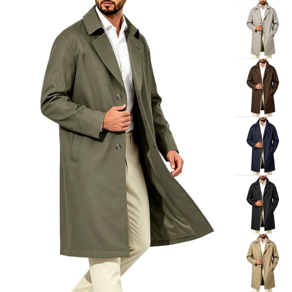 NOLVAREN Men's Long Trench Coat, Water-Repellent Button Front Jacket with Peak Lapel, Lining and Exterior Pockets for Casual and Work Wear S - 3XL