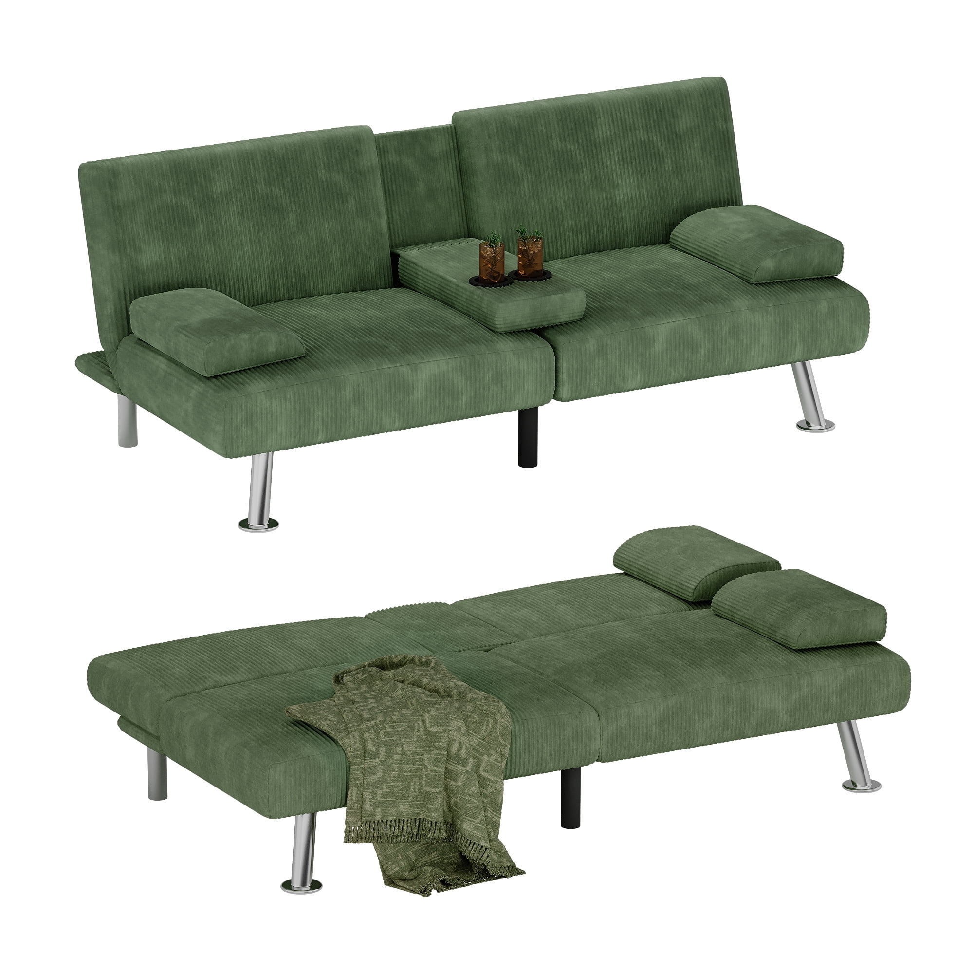 Homall  Futon Sofa Bed with Armrests and Cup Holders,  Adjustable Backrest Angles, Convertible bed, Green